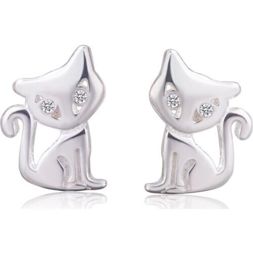 925 Sterling Silver Cat Stud Earrings For Women Girls Female Wedding Fashion Jewelry A188