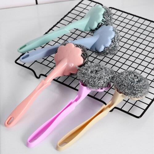 1/2 Pcs Kitchen Wire Ball Brush Long Handle Pot Steel Wire Cleaning Ball Brush Kitchen Cookware Cleaning Tool Washing Ball