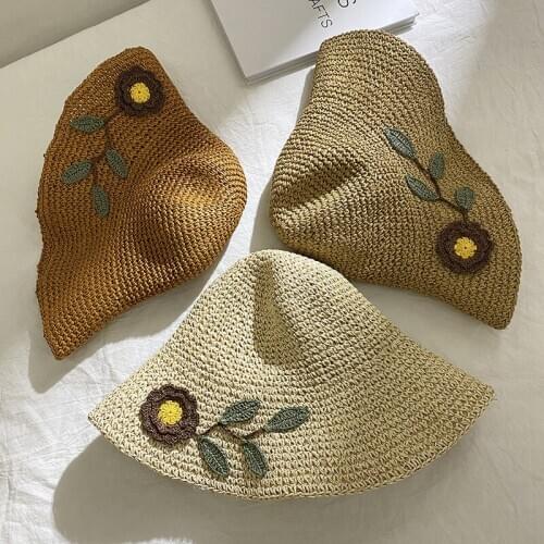 Fashion Women Summer New Womens Sun Hat Bucket Cap Beige Flowers Ribbon Flat Top Straw Hat Beach Caps Panama Lady Hat Outdoor