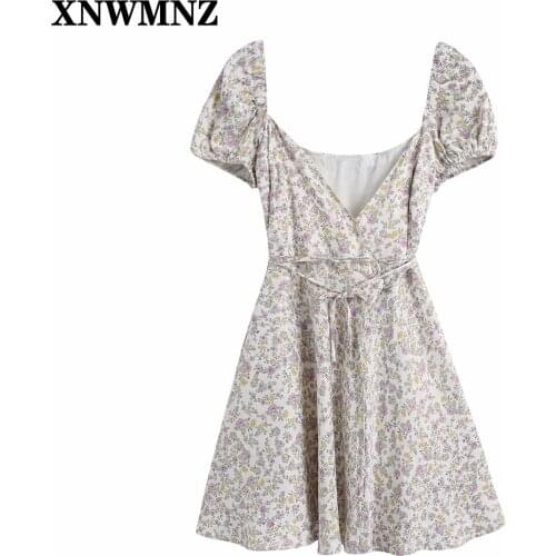 XNWMNZ 2021 Fashion printed satin wrap-style tie dresses women V-neck crossover dress with short puff sleeves vestido de mujer