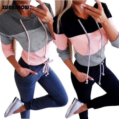 XUANSHOW 2019 Fashion Women Hoodies Sweatshirts Patchwork Hooded Sweatshirt Loose Long Sleeve Top Sudadera Mujer