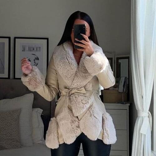 CP Vogue Solid Slim Pockets Jackets Women Elegant Autumn Winter Faux Fox Fur Collar Coats Women Tie Belt Jackets Ladies