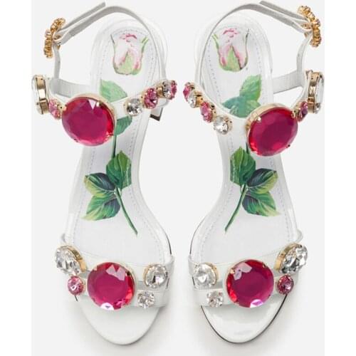 Summer new style fashion womens sandals white Flowers printed crystal Jewelry chunky High heels party bridal wedding shoes