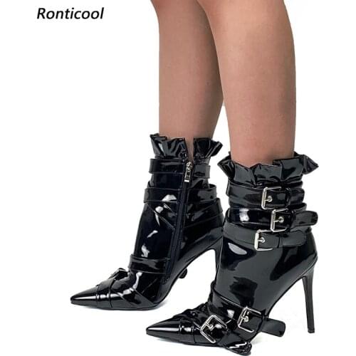 Ronticool New Fashion Women Winter Ankle Boots Unisex Sexy Stiletto Heels Pointed Toe Black Party Shoes Women Plus US Size 5-15