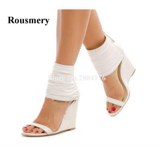 New Design Women Open Toe White Leather One Strap Wedge Sandals Ankle Wrap Back Zipper-up Wedge Sandals Dress Shoes