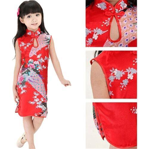 2019 New Hot Sale High quality Fashion Children Girls Chinese Cheongsam Floral Peacock Lapel Sleeveless Summer Dress