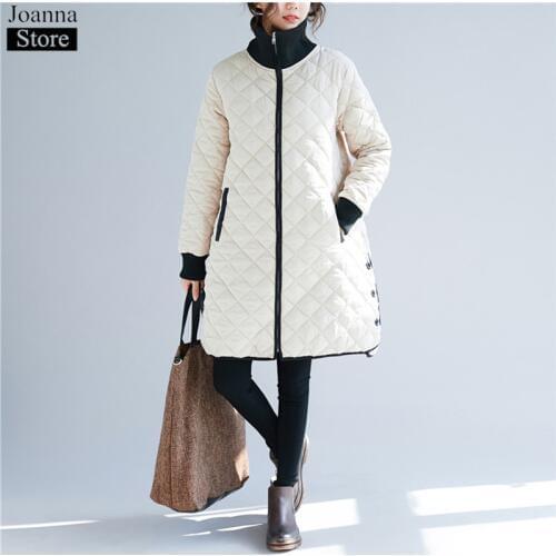 Winter Women Lingge High collar Long Cotton Coat Loose Warm Thick White cotton Jacket Ladies Vintage Plus Size Black Casual Coat