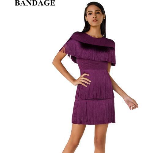 BANDAGE Tassel Bandage Dress Women Bodycon Vestidos Fringe Short Sleeve Mesh Hollow Out Lady Celebrity Party Dress
