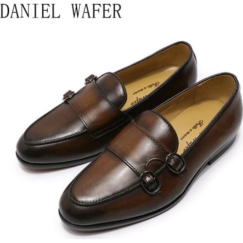 Classic Boys School Shoes Genuine Leather Monk Strap Slip On Kids Loafer Black Brown Party Wedding Formal Dress Children Shoes