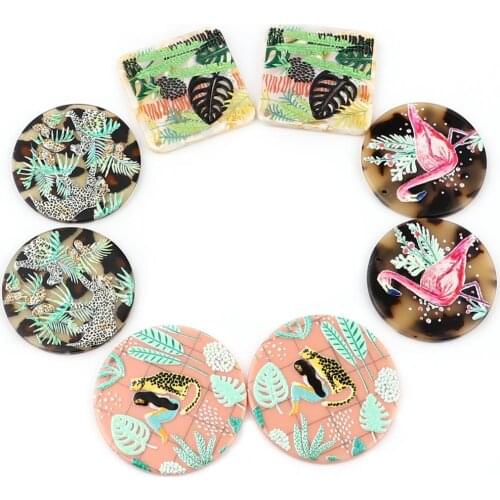 Doreen Box Vintage Charms Leopard Square Round Multicolor Leaf Pattern Acrylic Pendants Women DIY Making Earrings Jewelry,3PCs
