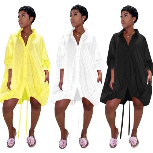 Oversized Long Sleeve Shirt Dress Women Button Turn-down Collar Pocket Knee-length Drawstring Midi Dress Dresses RV93