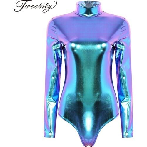 Gymnastics leotard metallic gymnastics clothes holographic dance leotard for women long sleeve high neck shinny ballet leotard
