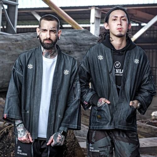 Men Embroidery Denim Japanese Kimono Jacket Baggy Top Cardigan Outwear Haori New