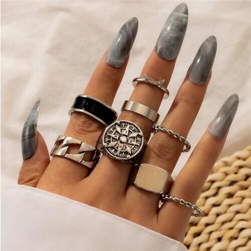 Tocona 8pcs/sets Silver Color Geometric Joint Ring Sets for Women Charms Leaf Carve Moon Ring Bohemian Jewelry Wholesale 10017