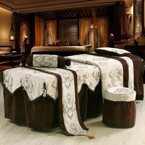 One Set Customized Chenille Beauty Salon Bedspread Embroidery 70*190cm Bed Skirt Duvet Cover for Beauty Parlor 4/5/6/7pcs Brown