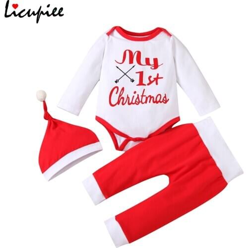 Baby Boy Girl Outfit Sets, Long Sleeve Red Lettering Printed Romper, Red Elastic Waist Pants Christmas Hat Pajamas 0-24 Months