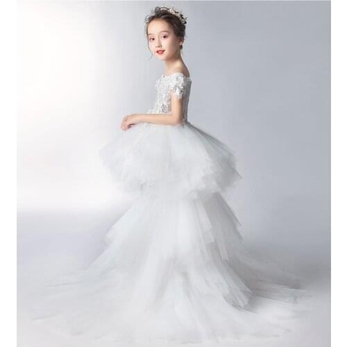 White Lace Flower Girls Dresses For Wedding Long Trailing First Communion Dresses Party Prom Princess Gown Pageant Costume
