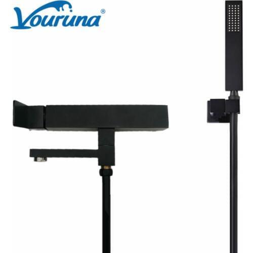 VOURUNA Square Style Black Wall Mounted Bathtub Faucet Solid Brass Construction
