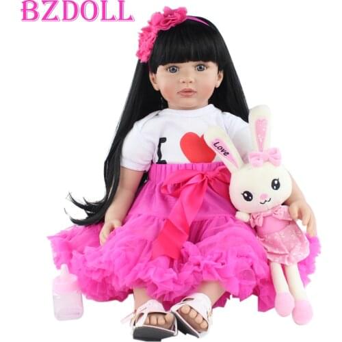 BZDOLL 60cm Soft Silicone Reborn Toddler Doll Toy For Girl 24 Inch Black Long Hair Princess Toddler Baby Lovely Birthday Gift