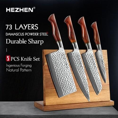 HEZHEN 4-5PC Kitchen Knife Set 73-Layer Powder Damascus Steel Chef Santoku cleaver Utility knives Magnetic Knife Holder