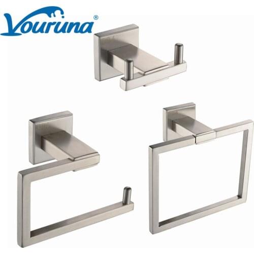 VOURUNA SUS304 Stainless Steel Wall Mount Brushed Nickel 3 Piece Bathroom Hardware Set Robe Hook Toipet Paper Holder Towel Rack
