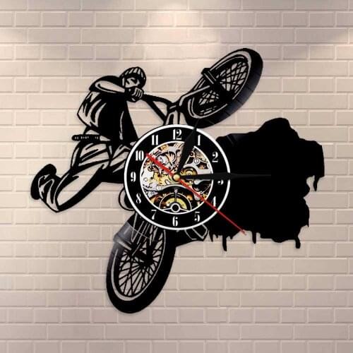 BMX Bike Vinyl Record Wall Clock Dirt Bike Track Racing Home Decor Riding Extreme Cycling Wall Clock Stunt Bicycle Riders Gift