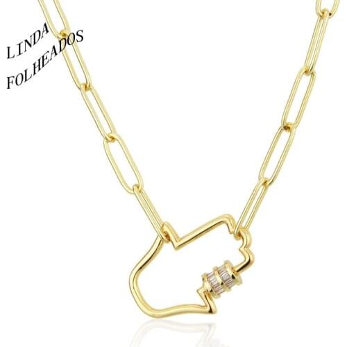 LINDA FOLHEADOS New Design Women Unique Jewelry Golden Cubic Zirconia Copper Pendant Charm Necklace Gift Classic Link Chain