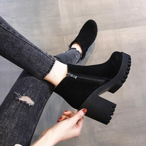 Autumn Winter Thick-heeled Ankle Boots Black High Heel Short Boots Female High-heeled Martin Boots Plus Velvet Chunky Boots