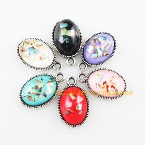 18 New Oval Flower Resin Pendants Shivering Mixed Charms Tibetan Silver 12x19mm