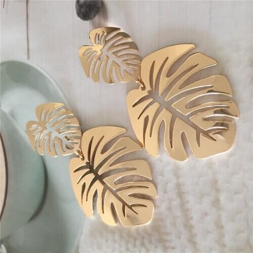 Casual Shiny Dainty Monstera Leaf Linked Big Drop Earrings For Women Girl Fashion Jewelry High quality