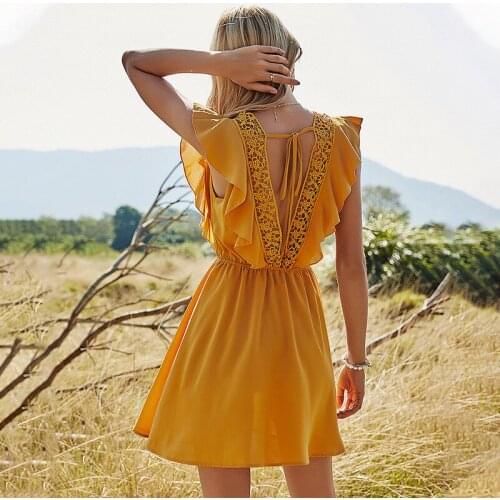 Drop Shipping Summer Casual Loose Plain Boho Casual Short-sleeved Ruffled Holiday Dress Vestidos