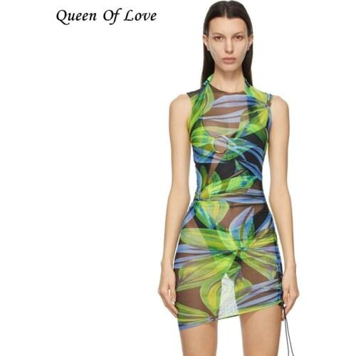 Sexy Mesh Sheer Bodycon Mini Dress Hawaii Leaf Print Sleeveless Women Sexy Skinny Party Club Holiday Dresses Summer 2021
