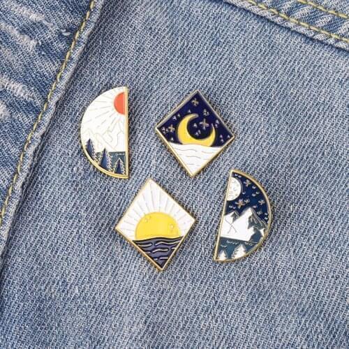 Sun Moon Landscape Enamel Pins Customized Wholesale Lovers Bag Brooch Lapel Pin Badge Cartoon Jewelry Gift Children Friends