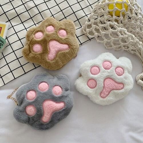 Cute Bear Paw Girls Chain Zipper Shoulder Bag Lovely Childrens Soft Plush Coin Purse Baby Girls Accessories Small Crossbody Bag