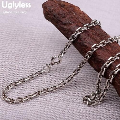 Uglyless 3MM Unisex Thai Silver Square Chains for Men Women Neutral Real 925 Sterling Silver Necklaces NO Pendants Jewelry C098