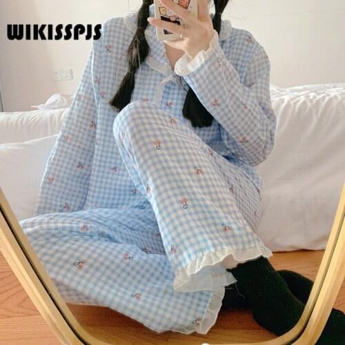 WIKISSPJS Spring and Autumn Korean Pajamas Womens Long Sleeved Sweet Plaid Trousers Leisure Home Clothes Two Piece Suit Pjs