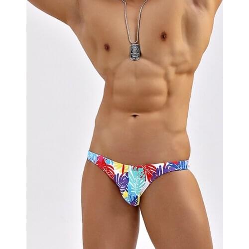 Colorful leaves sexy tight low waist swimwear gay men swimming beach shorts men swim briefs bikinis surf swimsuits small size