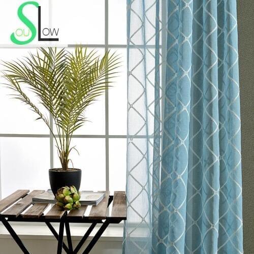 Slow Soul White Pink Blue Pastoral Small Fresh Embroidered Plaid Curtain Curtains Tulle For Living Room Kitchen Bedroom Sheer