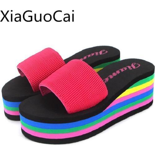 Rainbow Style Summer Womens Slippers Wedges High-heeled Female Slippers Decoration Breathable Slides for Ladies Beach Shoes