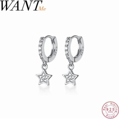 WANTME Trendy Pave Zircon Real 100% 925 Sterling Silver Star Hanging Stud Earrings for Women Party Wedding Jewelry Accessories