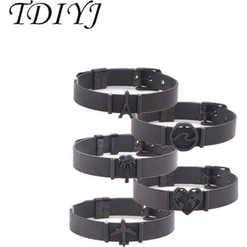 TDIYJ Travel Collection Mesh Bracelet with Black Slide Charms Stainless Steel Wrap Bracelets Keeper for Summer Gift