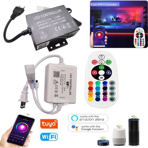 AC110V-220V Tuya WiFi APP LED controller with 24key IR remote For 5050 RGB LED Strip Neon Light EU US plug