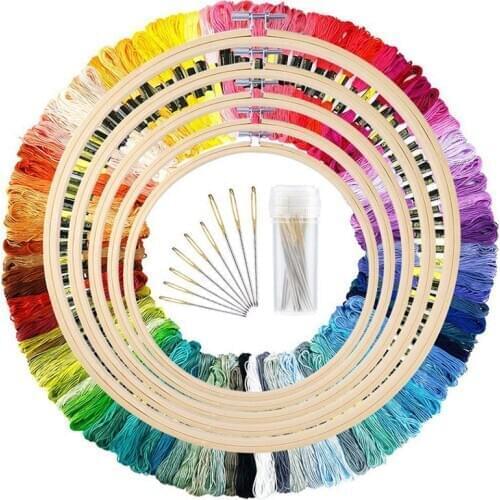 5 Pieces Bamboo Embroidery Hoops with 100 Colors Skeins Embroidery Thread Floss Cross Stitch and Needles