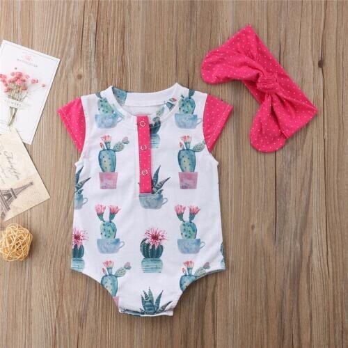 Baby Girl Bodysuits Summer Lovely Toddler Outfits Newborns Rompers with Headbands 2pcs Cactus Print Twins Baby Clothes Bodysuit