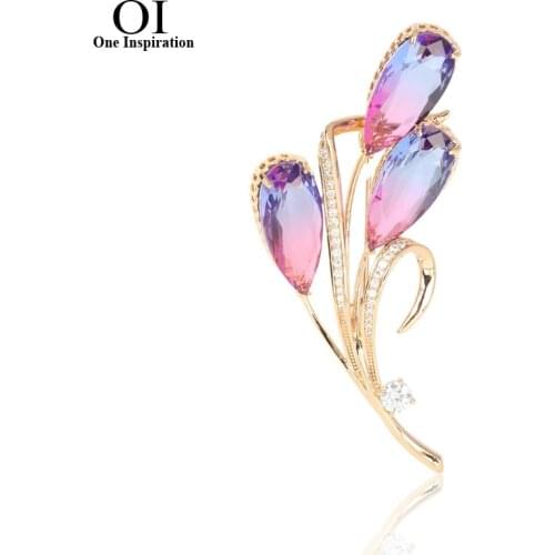 OI Shiny AAAA+ Zircon Flower Leaf Brooches Gold Pink Blue Rhinestone Wedding Bridal Bouquet Accessories Fine Copper Brooch