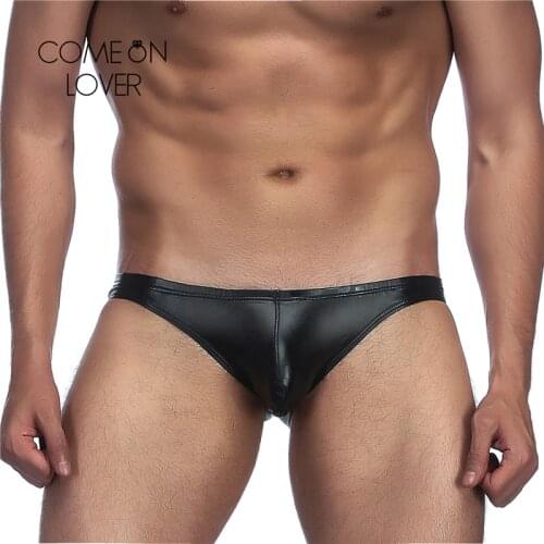 Comeondear Mens Underwear Simple Fashion Low Waist 2XL Big Size Latex Leather Black Silver Low Waist Sexy Erotic Panty For Men