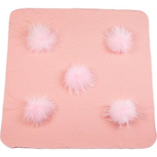 Baby Lovely Sleeping Blanket With Real Fur Pompom Cotton Soft Warm Infant Swaddle Solid Color Newborn Bedding Wrap