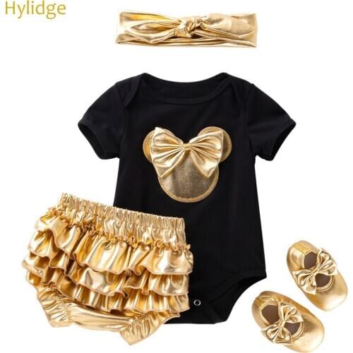 Hylidge Fashion Cotton Short Sleeves Toddler Girl Bodysuit Short Pants Shoes Headband Set 0-2 years Infant Baby Climbing Clothes