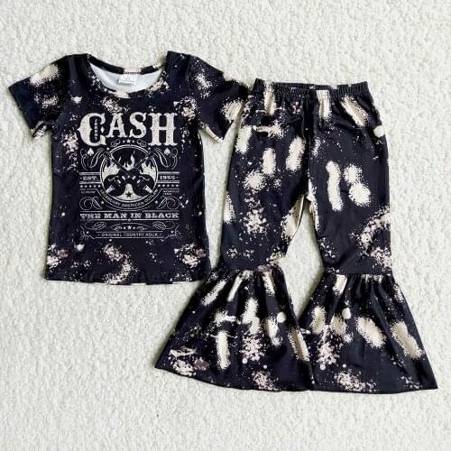 Toddler Kids Black Color Top And Bells Clothing Set Baby Girls Fashion Letter Design Outfit With Short Sleeve