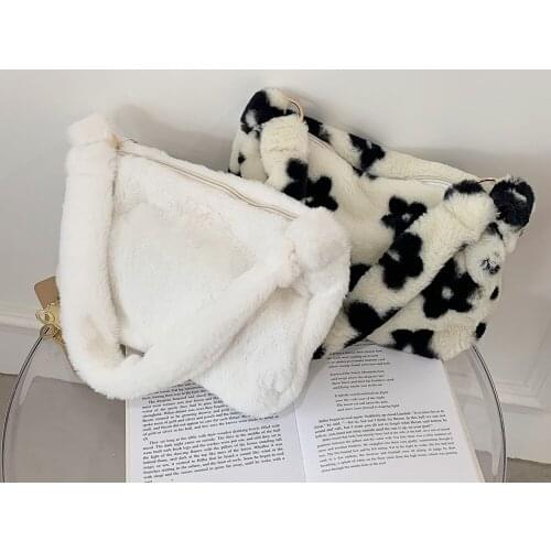 Fashion Women Flower Animal Pattern Printing Plush Shoulder Underarm Bag Casual Ladies Large Capacity Tote Handbags
